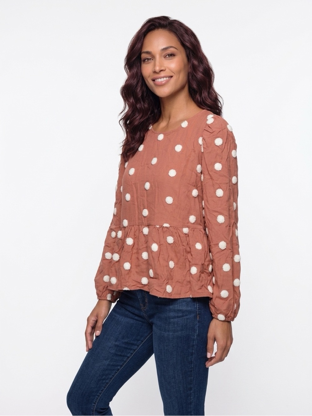 Blue Peoper Polka Dots Long Sleeve Peplum Blouse Size S Rust Long Sleeve Top New